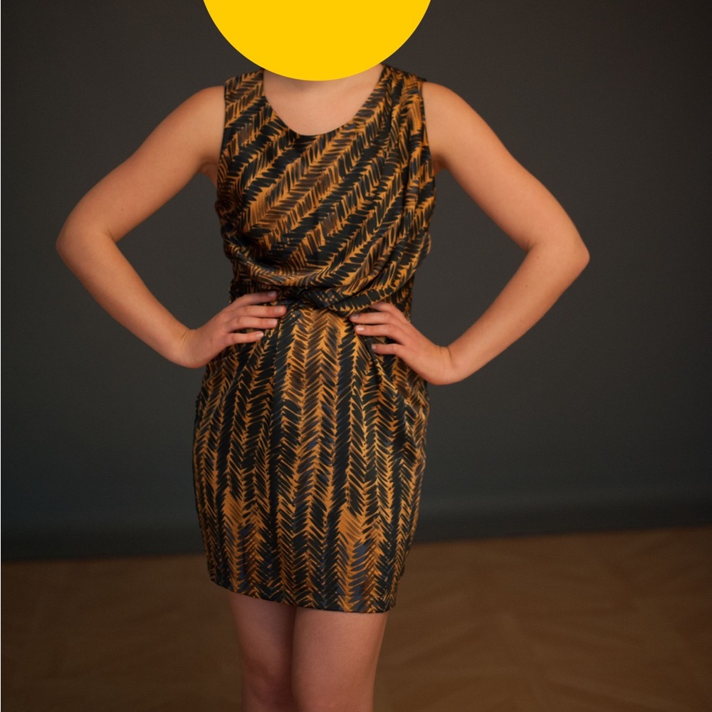eight sixty Mini Dress, Gold and Blue, Waist Gathering, Medium